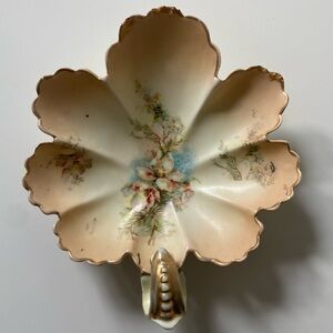 Antique Rudolstadt Germany floral porcelain trinket dish with handle